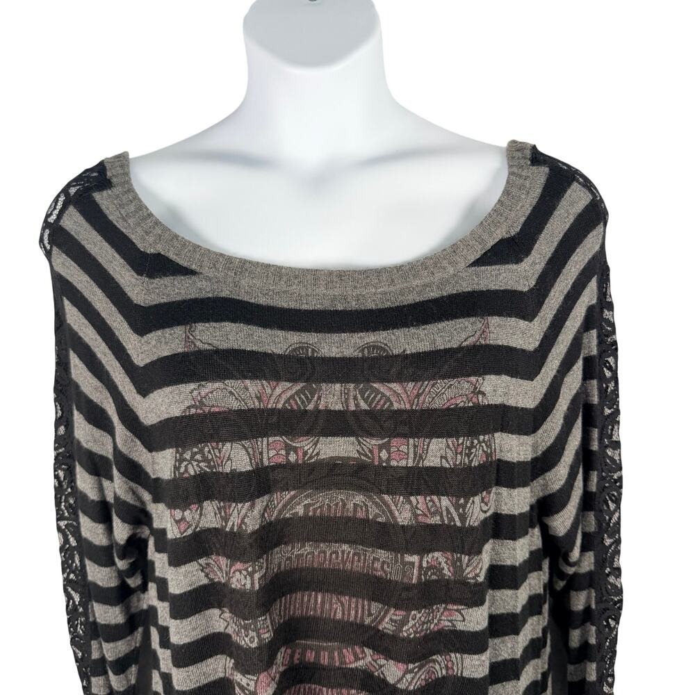 Harley Davidson Sweater Womens 2XL Gray Black Stripe Lace Trim High Low Tunic - Picture 2 of 10